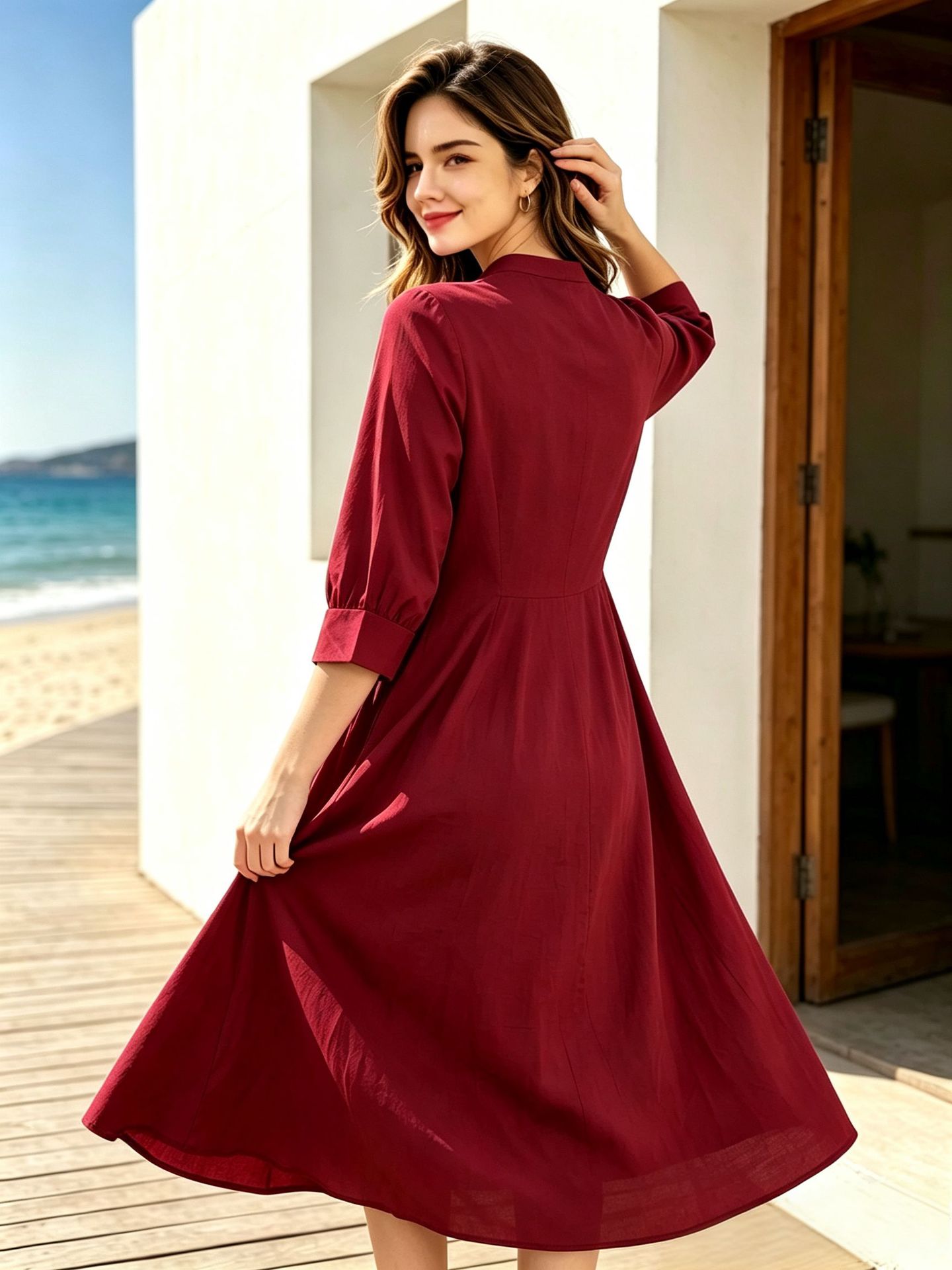 Women V-Neck Pleated A-Line Long Dress, Casual Vacation Long Sleeve Dress with Pockets