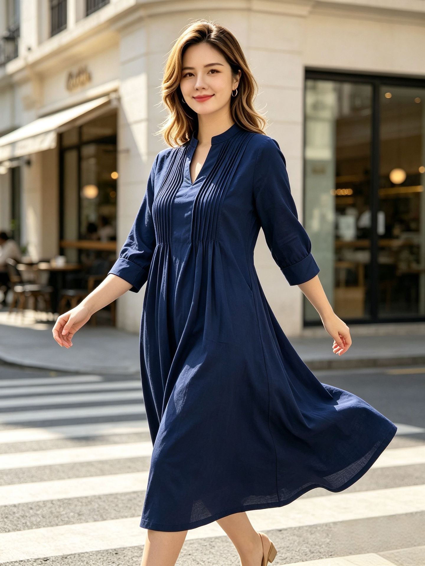 Women V-Neck Pleated A-Line Long Dress, Casual Vacation Long Sleeve Dress with Pockets