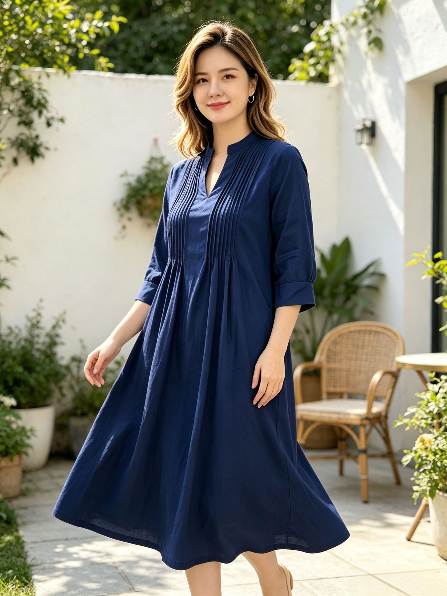 Women V-Neck Pleated A-Line Long Dress, Casual Vacation Long Sleeve Dress with Pockets