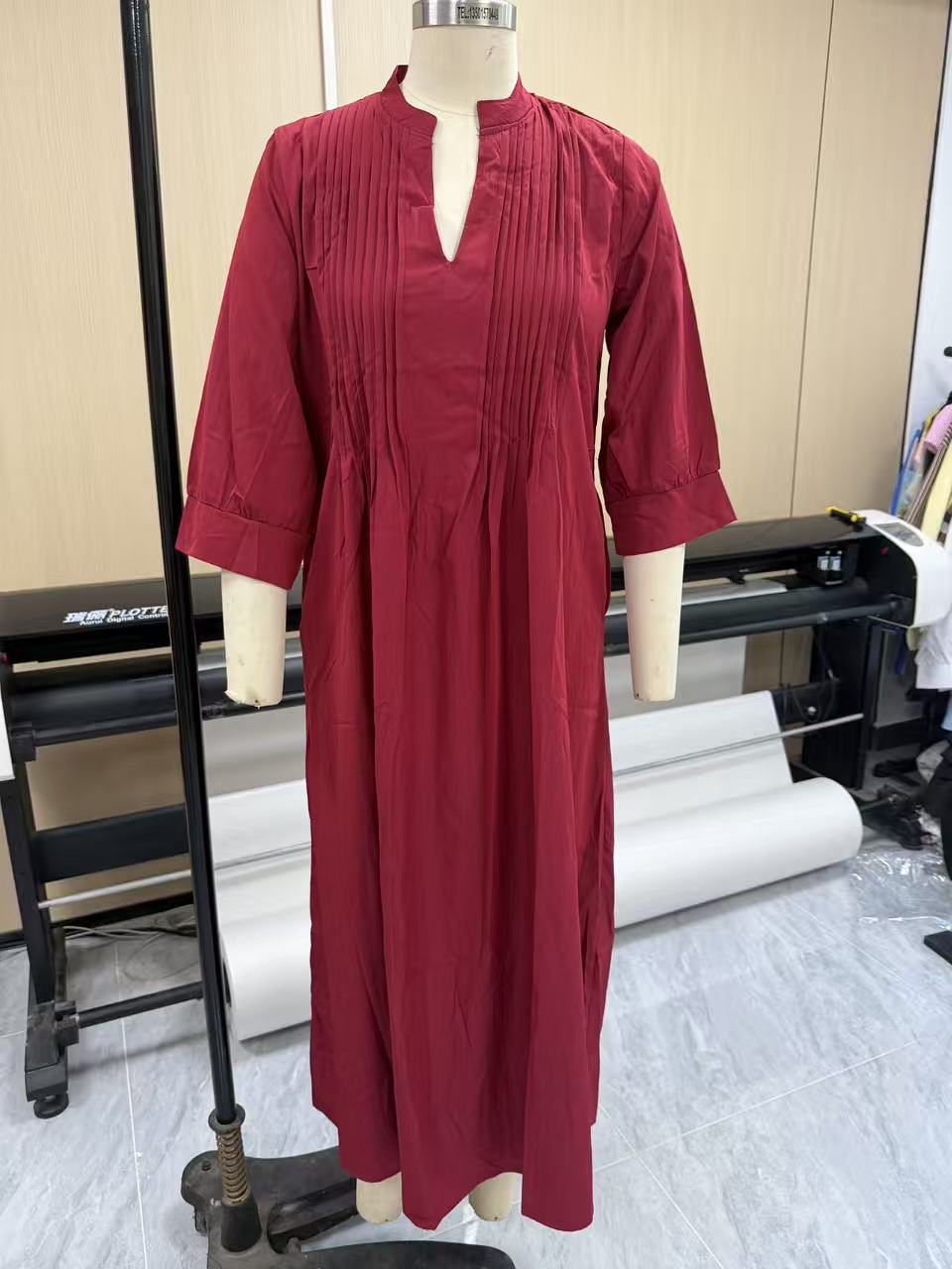 Women V-Neck Pleated A-Line Long Dress, Casual Vacation Long Sleeve Dress with Pockets