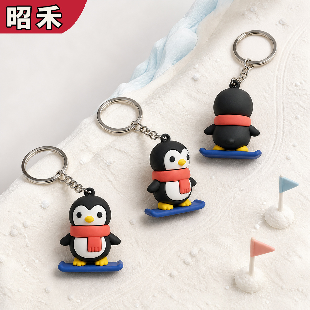 Cute Cartoon Skateboarding Penguin Keychain, PVC Soft Rubber Bag Charm Pendant for Backpacks