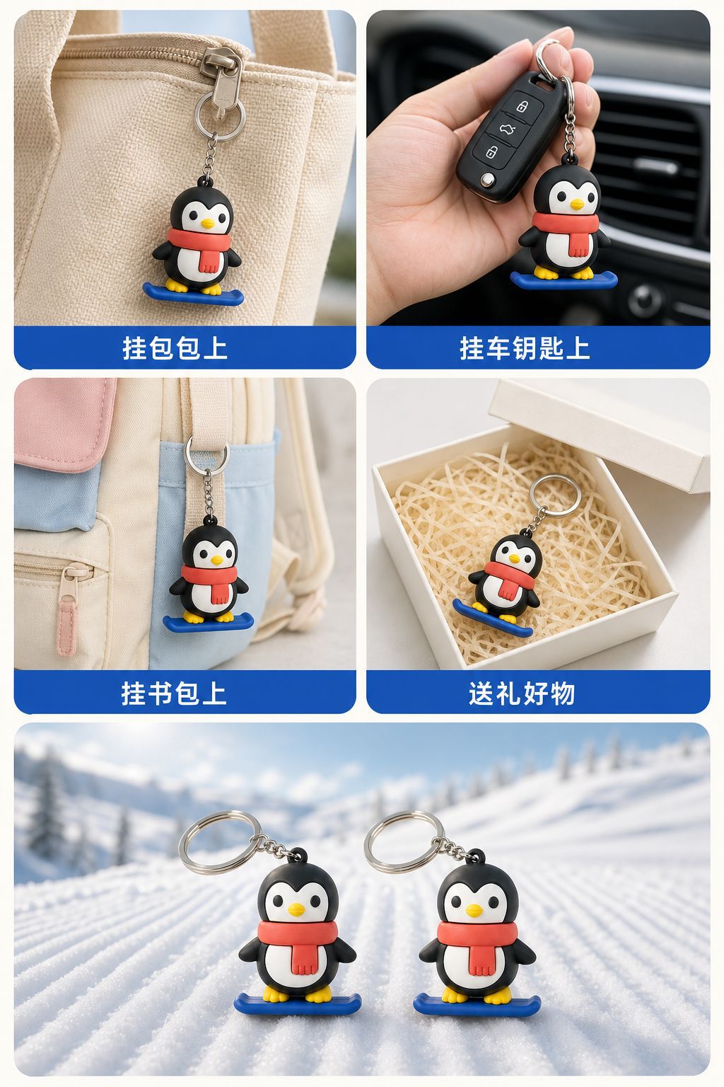 Cute Cartoon Skateboarding Penguin Keychain, PVC Soft Rubber Bag Charm Pendant for Backpacks