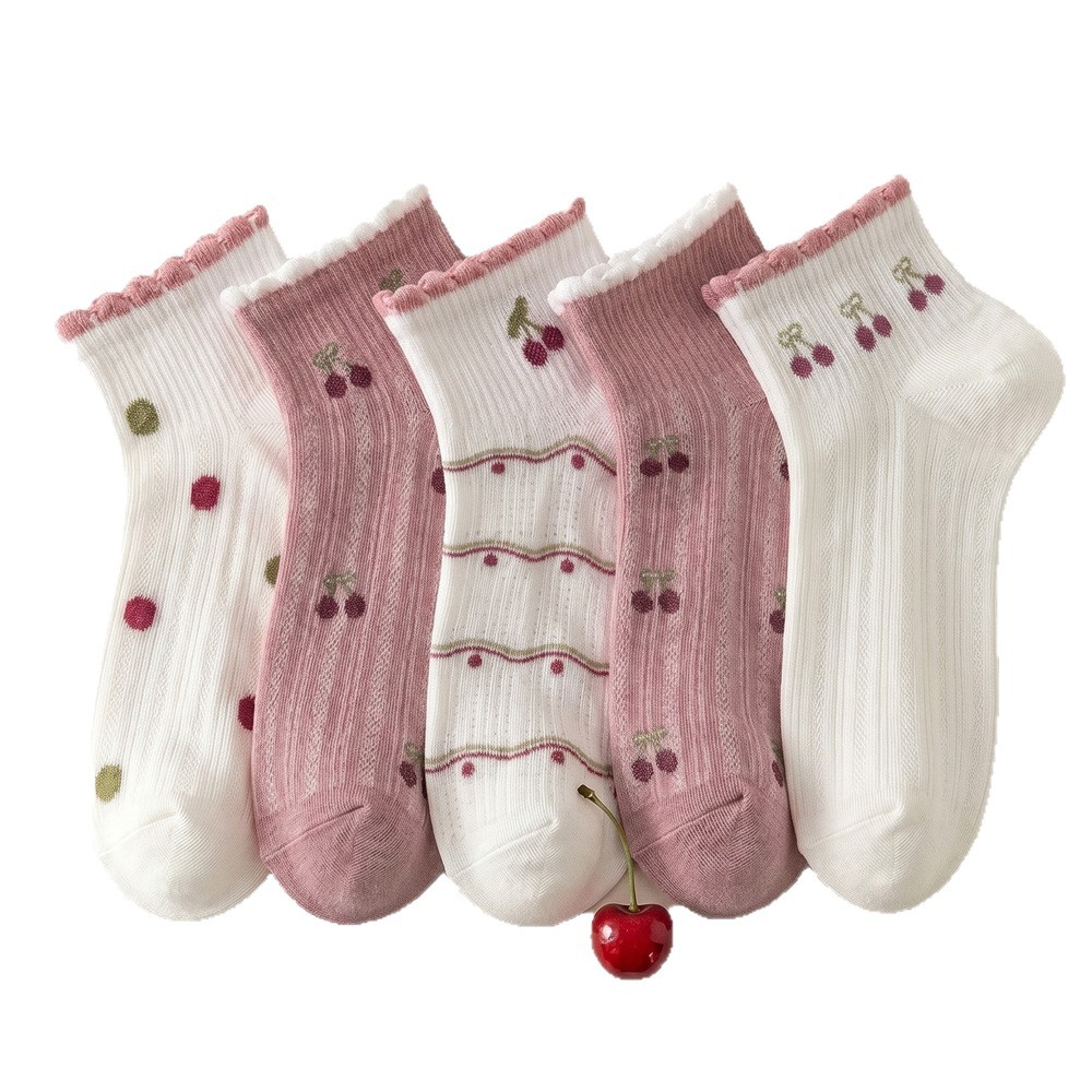 Women’s Cherry Print Ankle Socks, Polyester Quick-Dry Seamless Short Socks for Summer and Fall