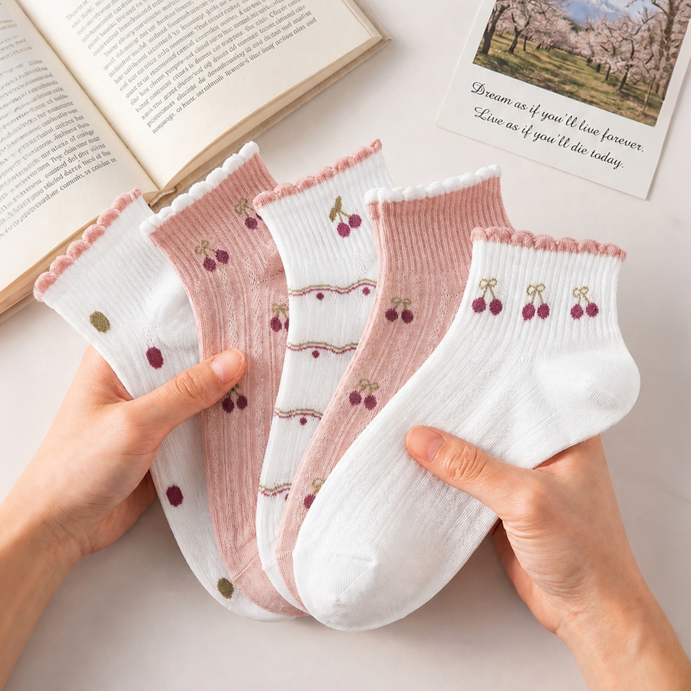 Women’s Cherry Print Ankle Socks, Polyester Quick-Dry Seamless Short Socks for Summer and Fall