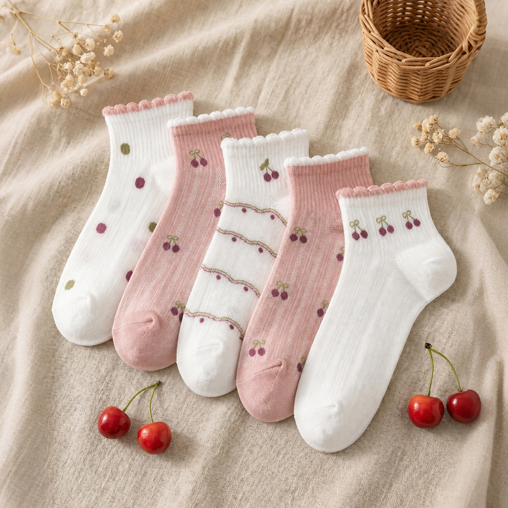 Women’s Cherry Print Ankle Socks, Polyester Quick-Dry Seamless Short Socks for Summer and Fall