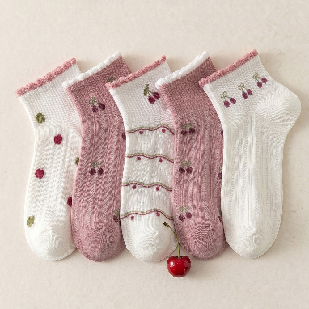 Women’s Cherry Print Ankle Socks, Polyester Quick-Dry Seamless Short Socks for Summer and Fall