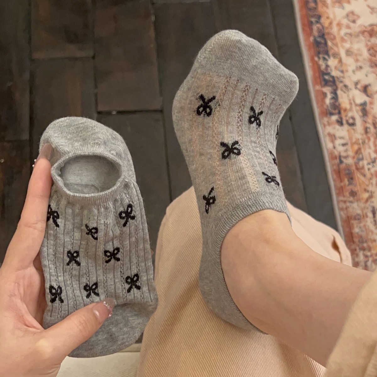 Women Cotton No-Show Boat Socks with Bow, Thin Breathable Anti-Slip Hidden Socks for Summer