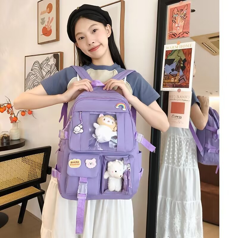 Girls Solid Color School Backpack, Polyester Student Bookbag with Curved Shoulder Straps for Middle School