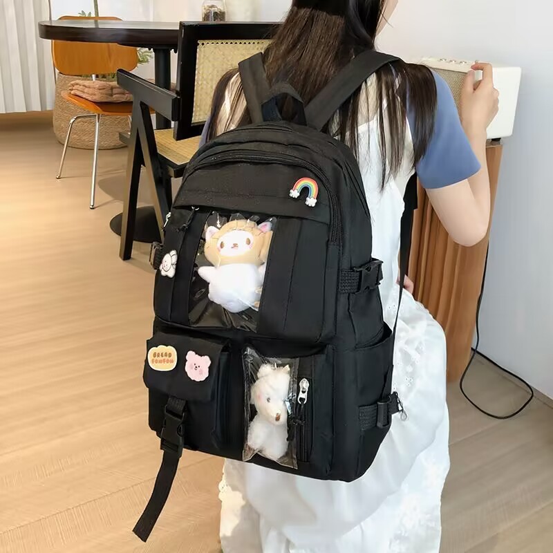 Girls Solid Color School Backpack, Polyester Student Bookbag with Curved Shoulder Straps for Middle School