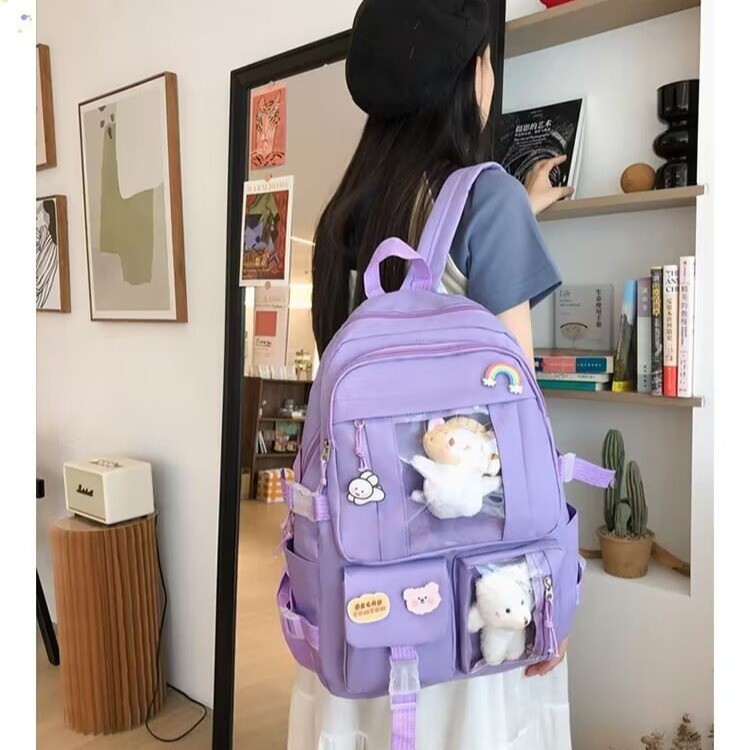 Girls Solid Color School Backpack, Polyester Student Bookbag with Curved Shoulder Straps for Middle School