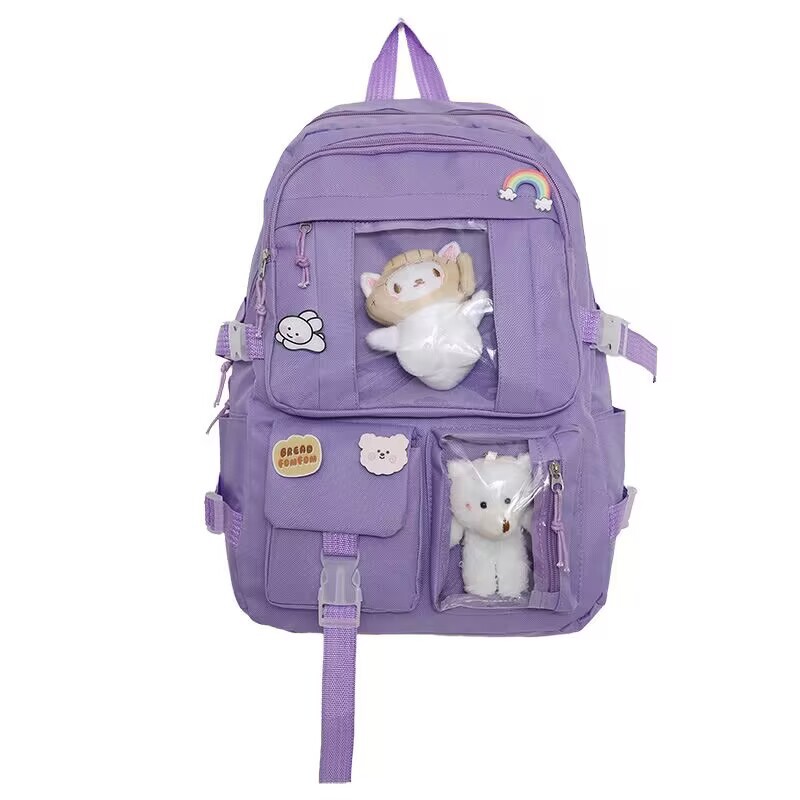 Girls Solid Color School Backpack, Polyester Student Bookbag with Curved Shoulder Straps for Middle School