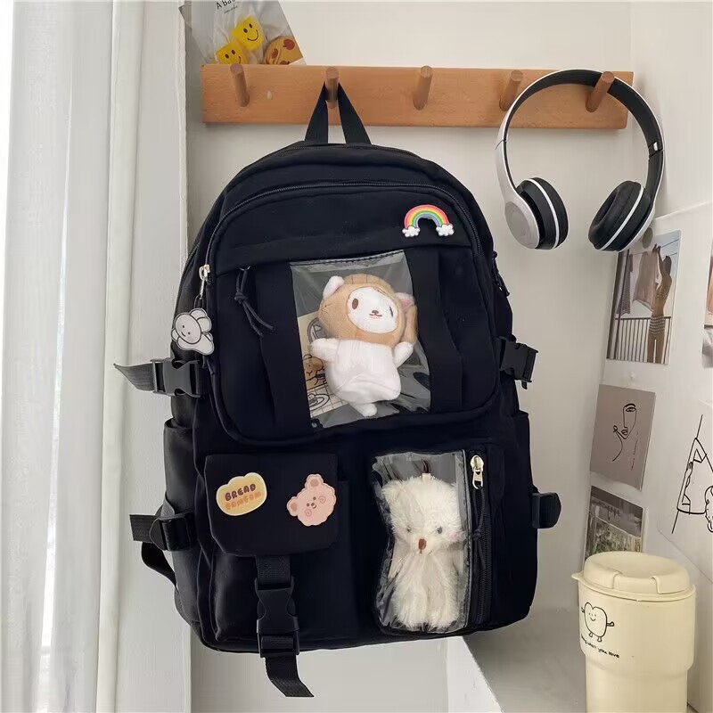 Girls Solid Color School Backpack, Polyester Student Bookbag with Curved Shoulder Straps for Middle School