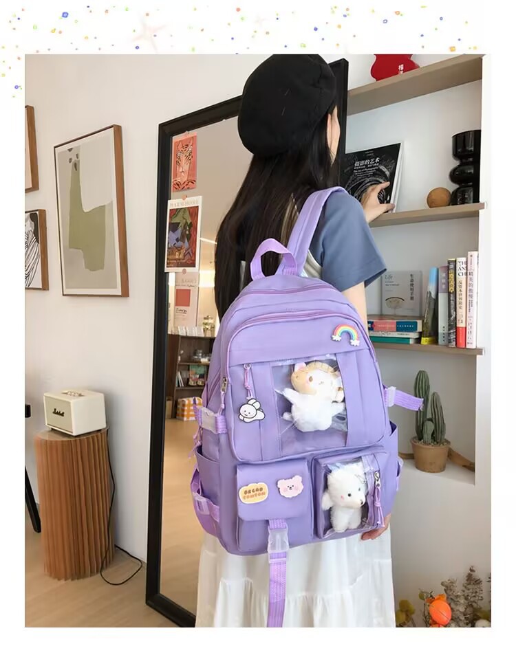 Girls Solid Color School Backpack, Polyester Student Bookbag with Curved Shoulder Straps for Middle School