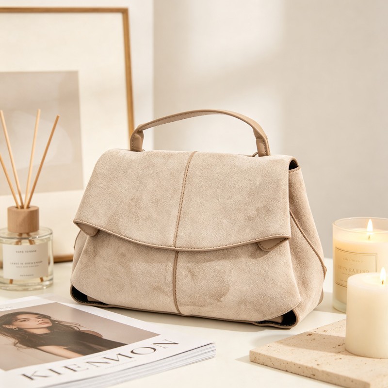 Women Suede Shoulder Crossbody Bag, Minimalist Flap Zip Large Box Handbag for Daily Wear