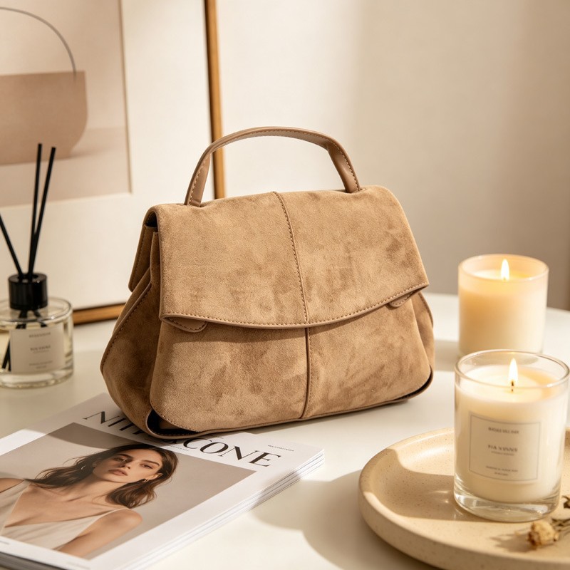 Women Suede Shoulder Crossbody Bag, Minimalist Flap Zip Large Box Handbag for Daily Wear