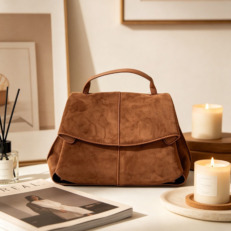 Women Suede Shoulder Crossbody Bag, Minimalist Flap Zip Large Box Handbag for Daily Wear
