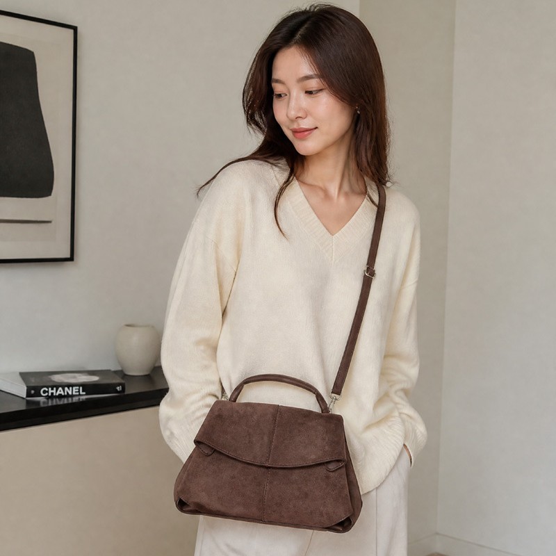 Women Suede Shoulder Crossbody Bag, Minimalist Flap Zip Large Box Handbag for Daily Wear