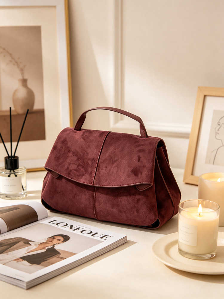 Women Suede Shoulder Crossbody Bag, Minimalist Flap Zip Large Box Handbag for Daily Wear