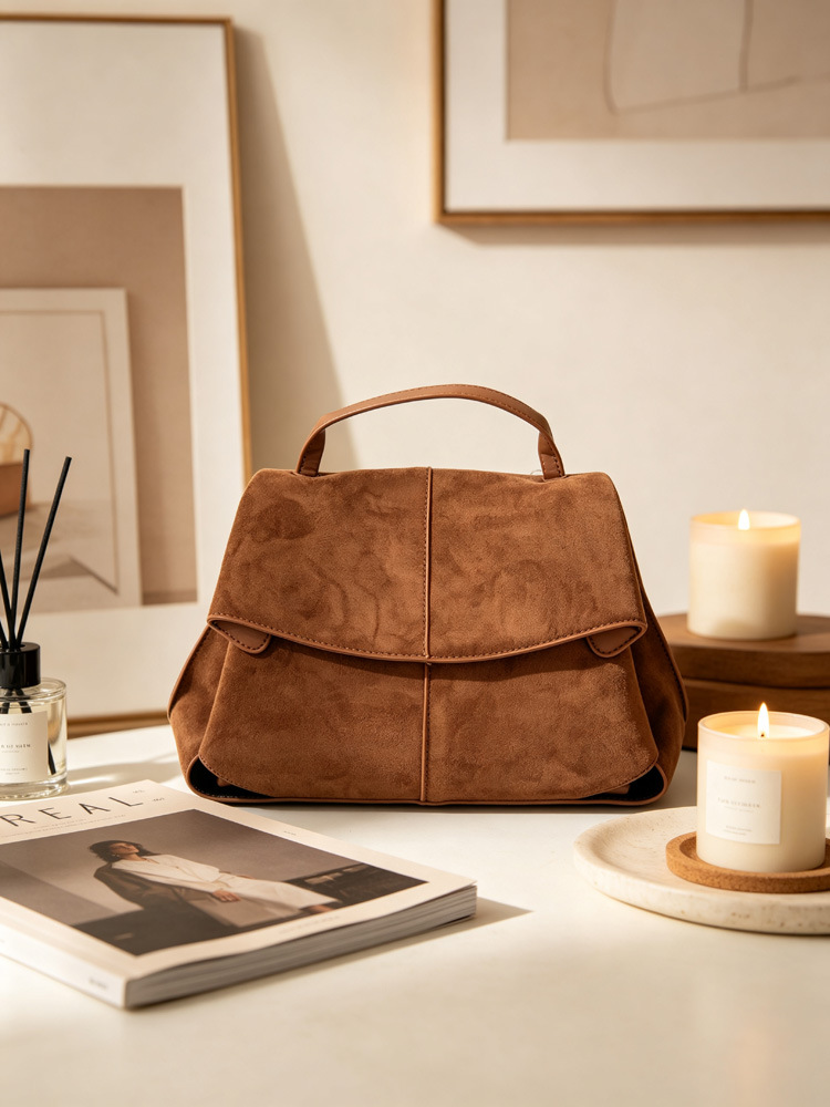 Women Suede Shoulder Crossbody Bag, Minimalist Flap Zip Large Box Handbag for Daily Wear