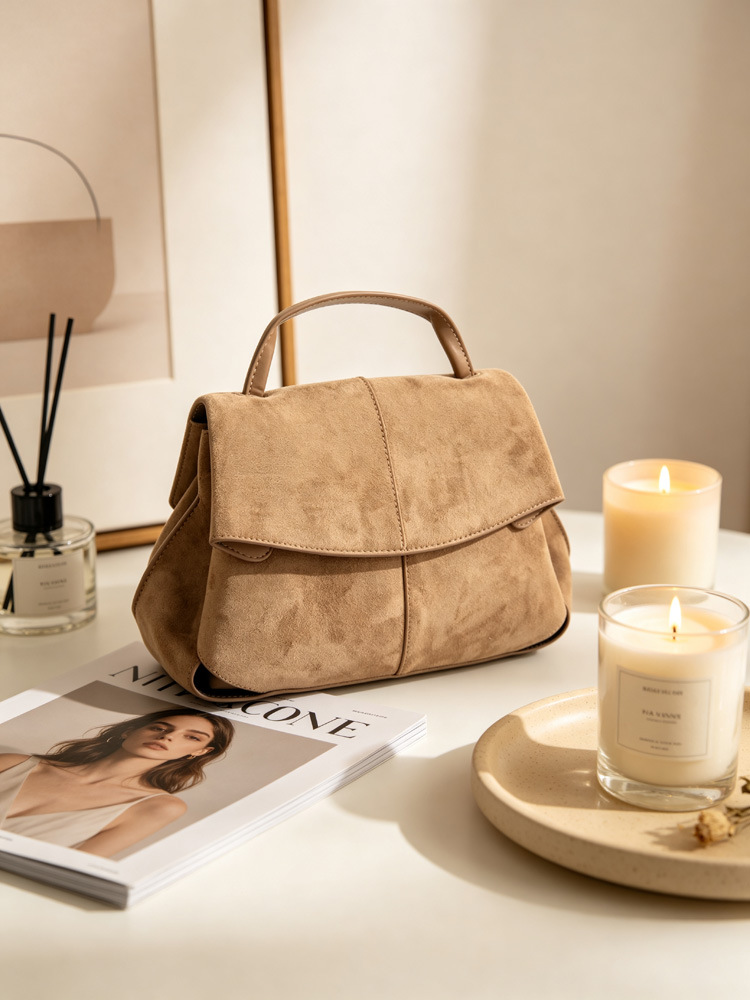 Women Suede Shoulder Crossbody Bag, Minimalist Flap Zip Large Box Handbag for Daily Wear