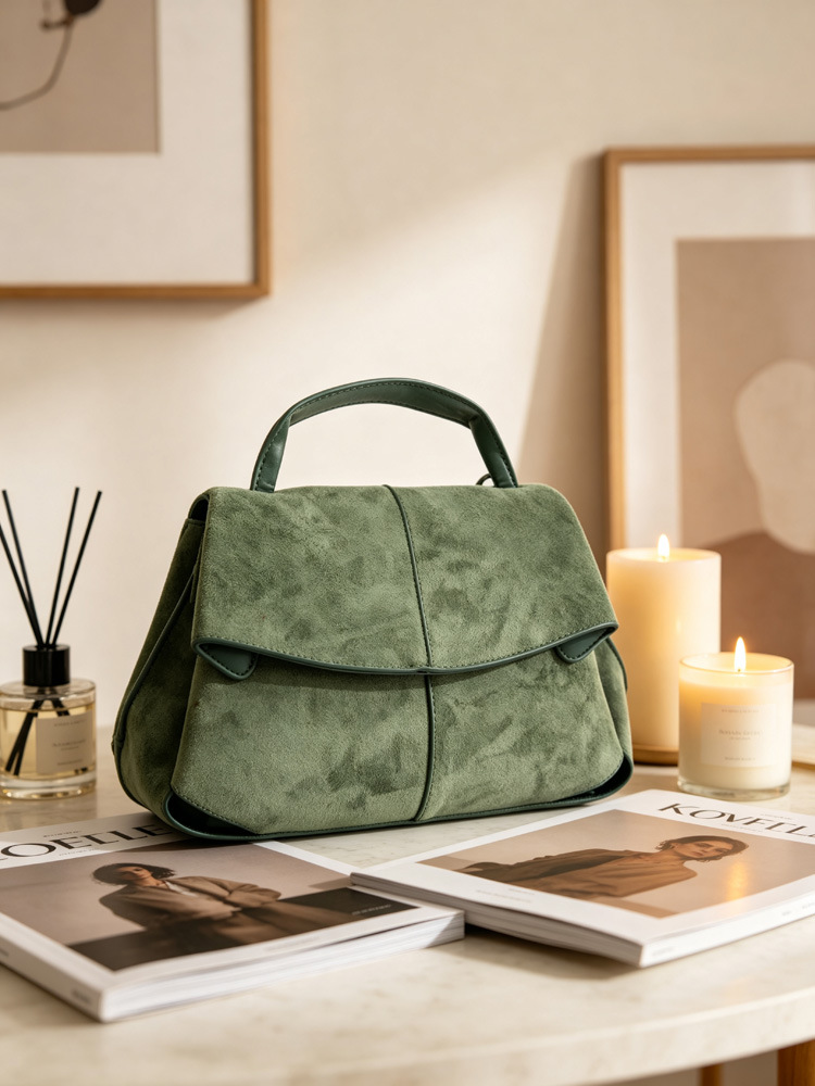 Women Suede Shoulder Crossbody Bag, Minimalist Flap Zip Large Box Handbag for Daily Wear