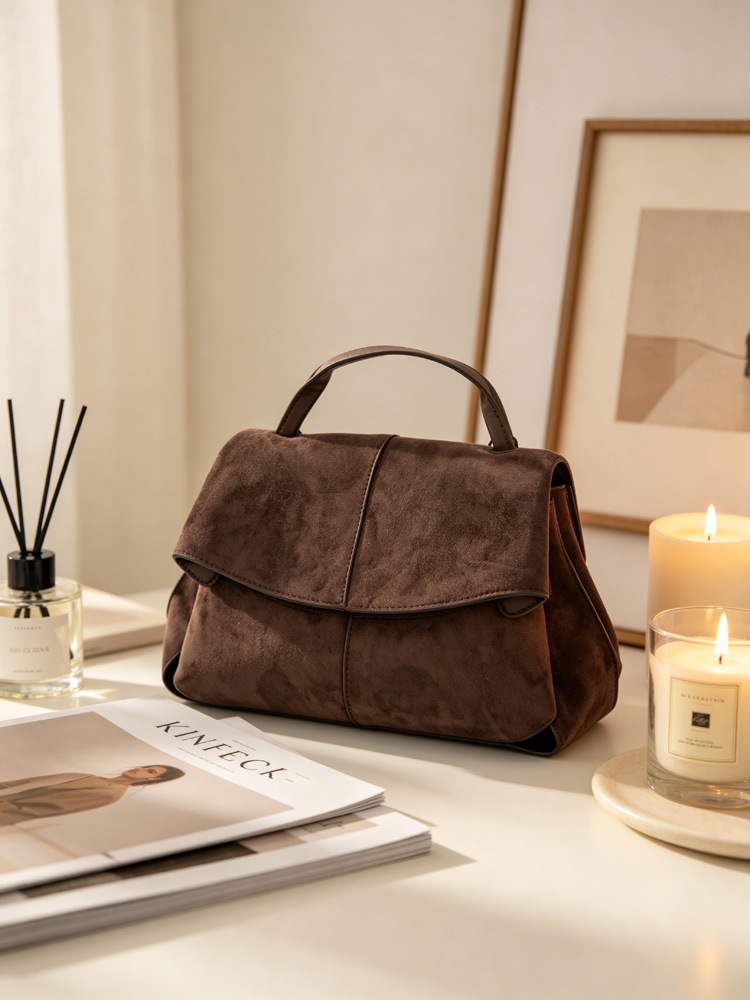 Women Suede Shoulder Crossbody Bag, Minimalist Flap Zip Large Box Handbag for Daily Wear