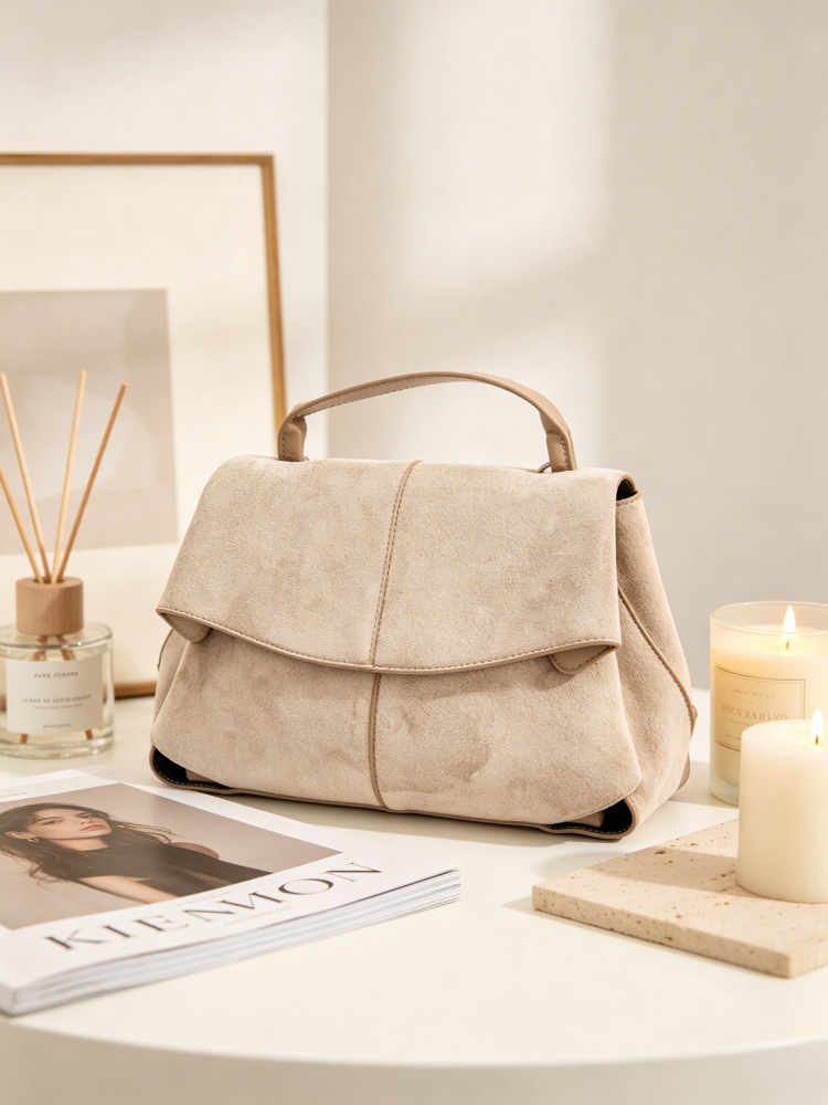 Women Suede Shoulder Crossbody Bag, Minimalist Flap Zip Large Box Handbag for Daily Wear