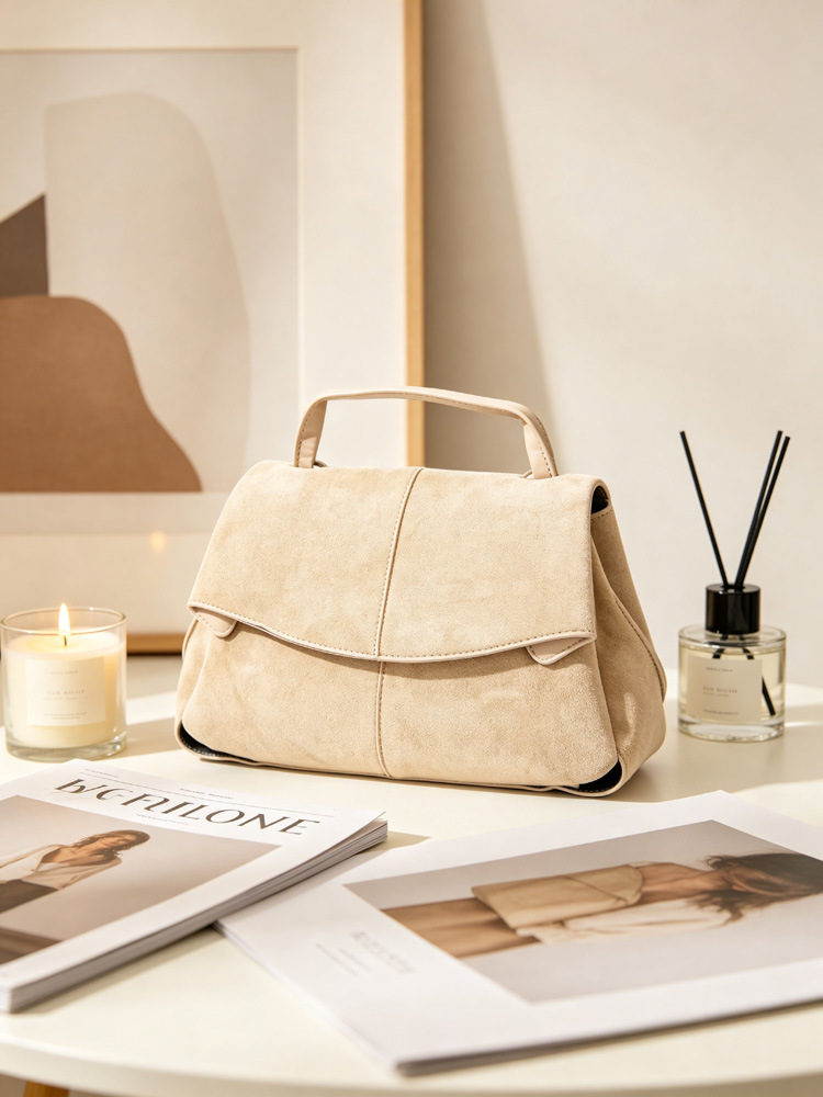 Women Suede Shoulder Crossbody Bag, Minimalist Flap Zip Large Box Handbag for Daily Wear