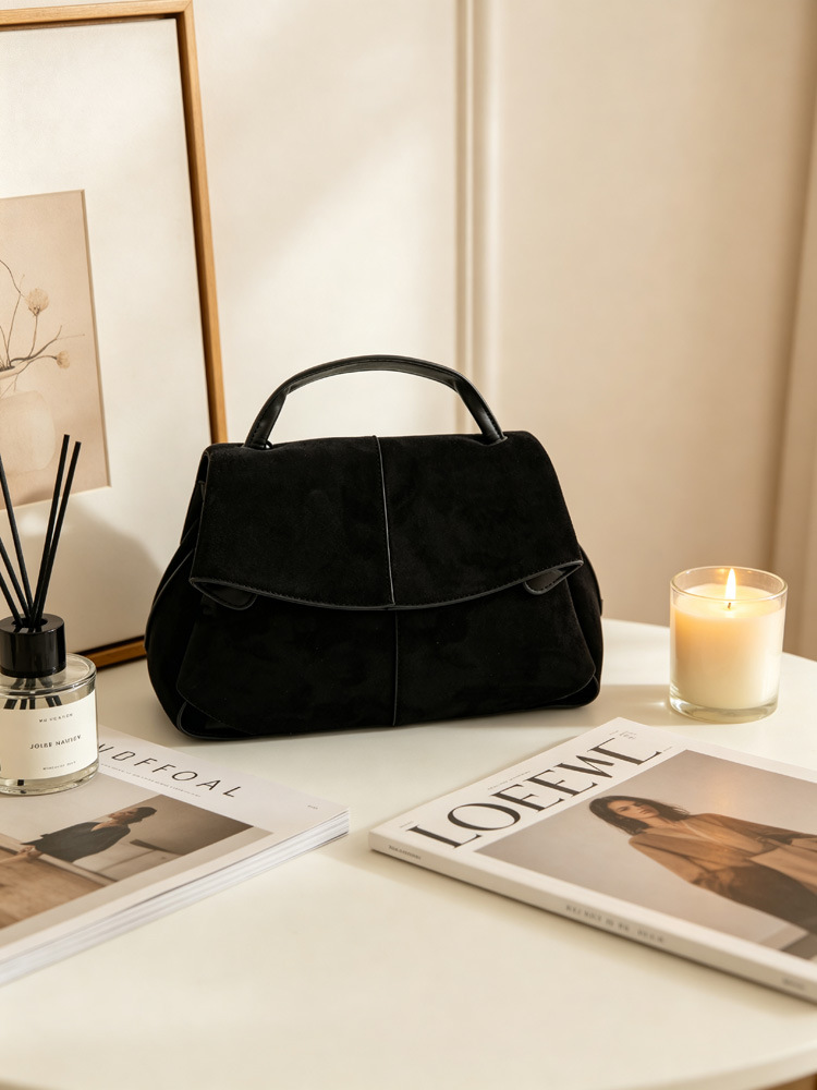 Women Suede Shoulder Crossbody Bag, Minimalist Flap Zip Large Box Handbag for Daily Wear