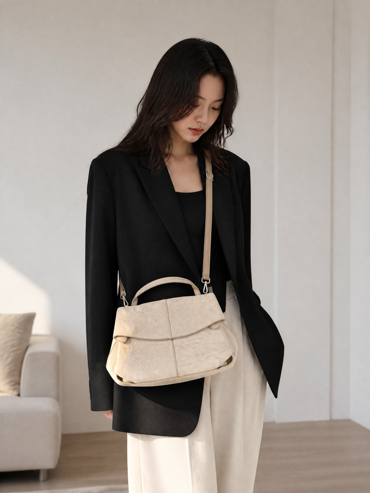 Women Suede Shoulder Crossbody Bag, Minimalist Flap Zip Large Box Handbag for Daily Wear
