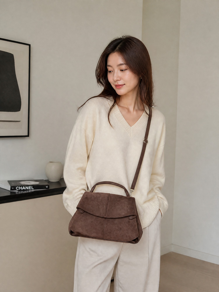 Women Suede Shoulder Crossbody Bag, Minimalist Flap Zip Large Box Handbag for Daily Wear
