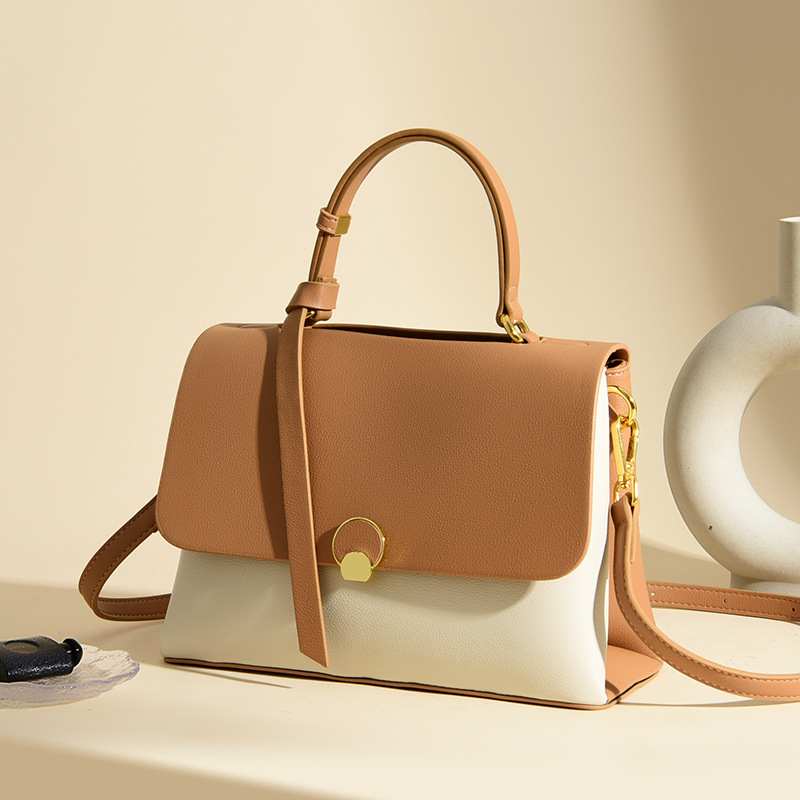 Women's Small Leather Square Crossbody Bag, Color Block Shoulder Handbag for Everyday Use