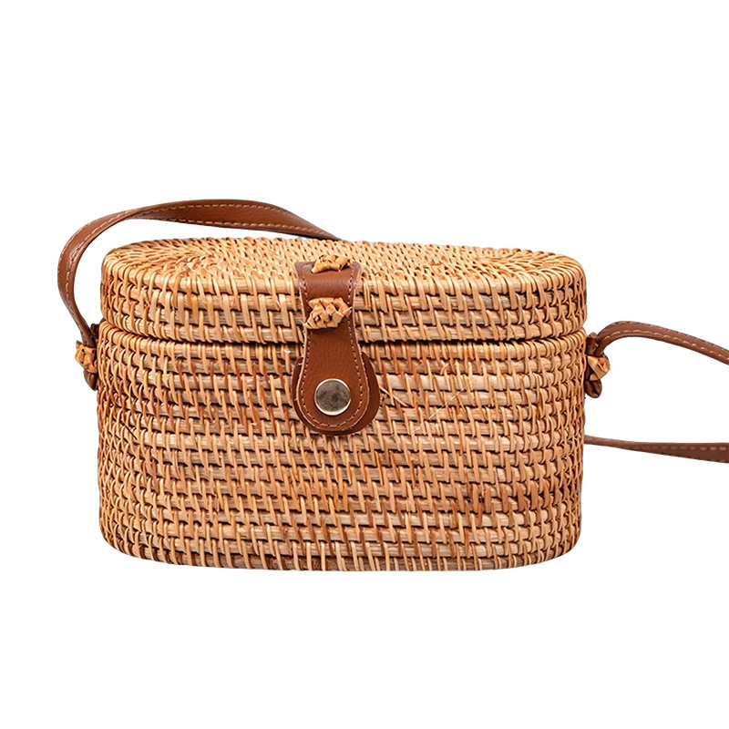 Women's Woven Straw Crossbody Bag, Round Wicker Shoulder Bag with Leather Buckle for Everyday Outfits