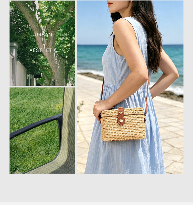 Women's Woven Straw Crossbody Bag, Round Wicker Shoulder Bag with Leather Buckle for Everyday Outfits