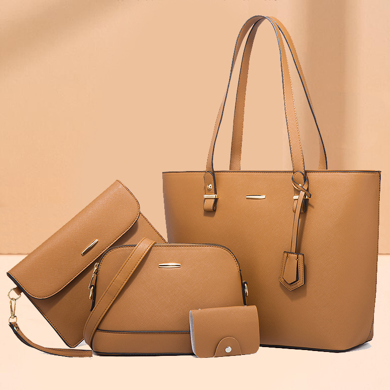 Women PU Leather Shoulder Handbag Set, Solid Color Zip Tote with Matching Pouch for Daily Use