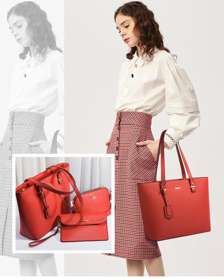 Women PU Leather Shoulder Handbag Set, Solid Color Zip Tote with Matching Pouch for Daily Use