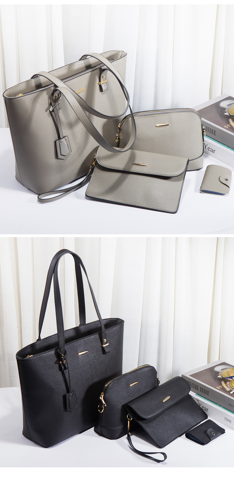 Women PU Leather Shoulder Handbag Set, Solid Color Zip Tote with Matching Pouch for Daily Use