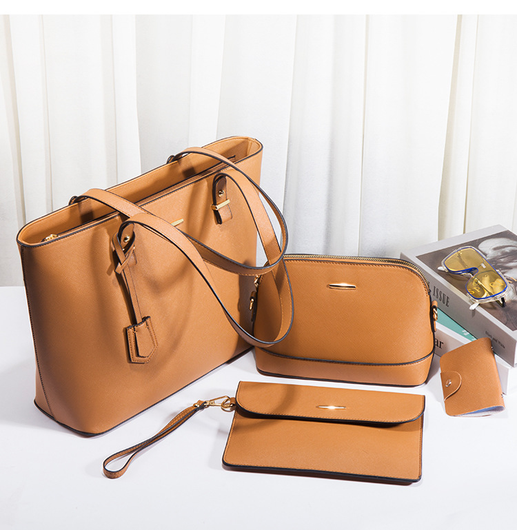 Women PU Leather Shoulder Handbag Set, Solid Color Zip Tote with Matching Pouch for Daily Use