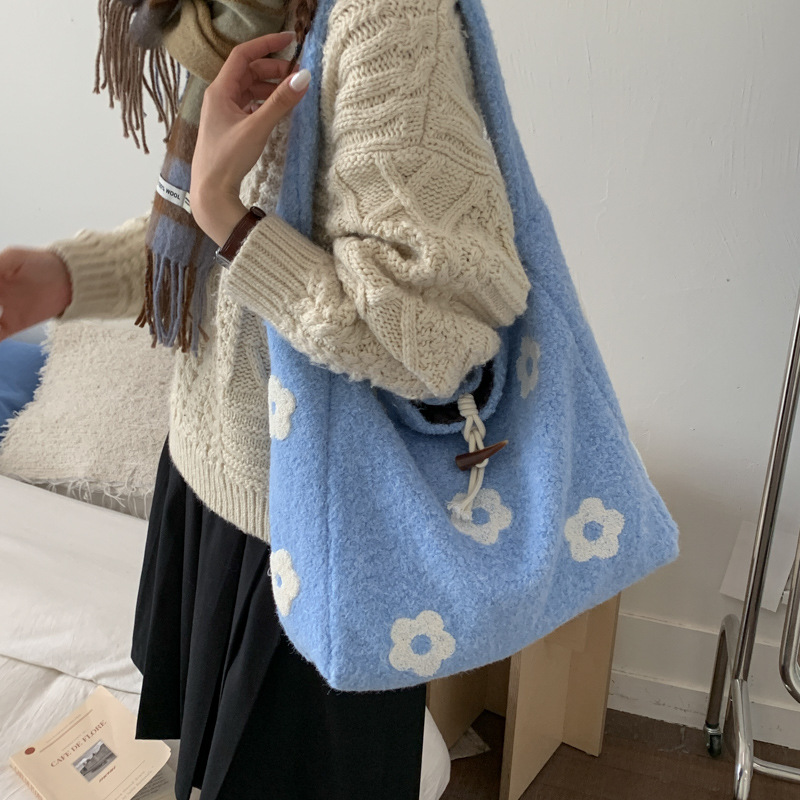 Floral Embroidered Plush Tote Bag, Soft Medium Shoulder Bag for Women, Daily Wear