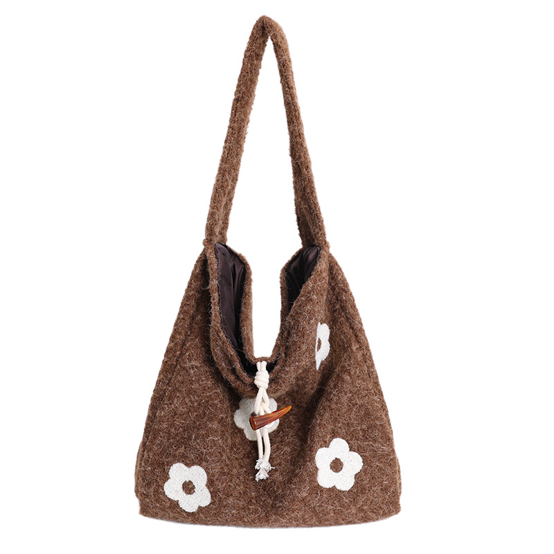 Floral Embroidered Plush Tote Bag, Soft Medium Shoulder Bag for Women, Daily Wear