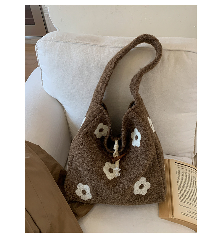 Floral Embroidered Plush Tote Bag, Soft Medium Shoulder Bag for Women, Daily Wear