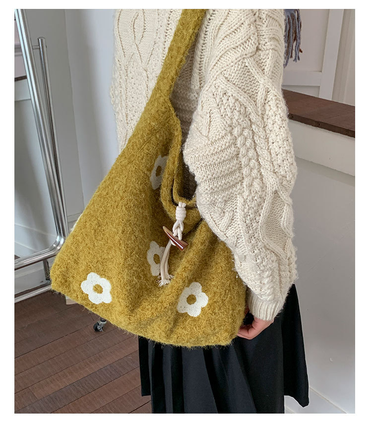 Floral Embroidered Plush Tote Bag, Soft Medium Shoulder Bag for Women, Daily Wear