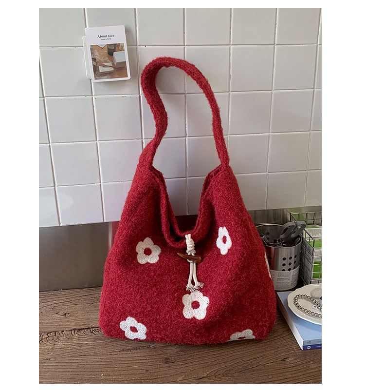 Floral Embroidered Plush Tote Bag, Soft Medium Shoulder Bag for Women, Daily Wear