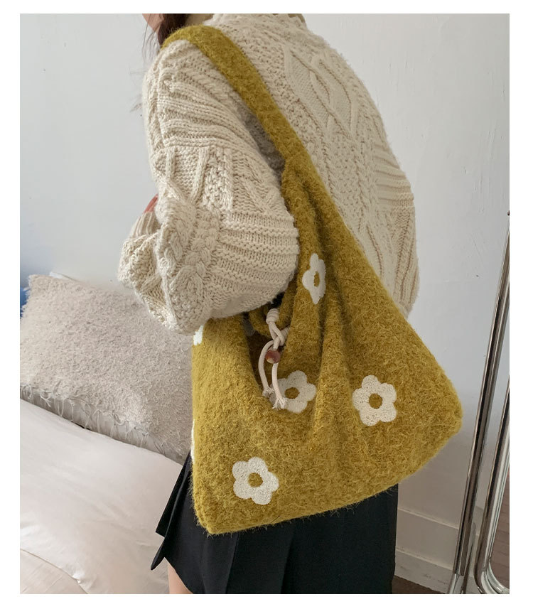 Floral Embroidered Plush Tote Bag, Soft Medium Shoulder Bag for Women, Daily Wear