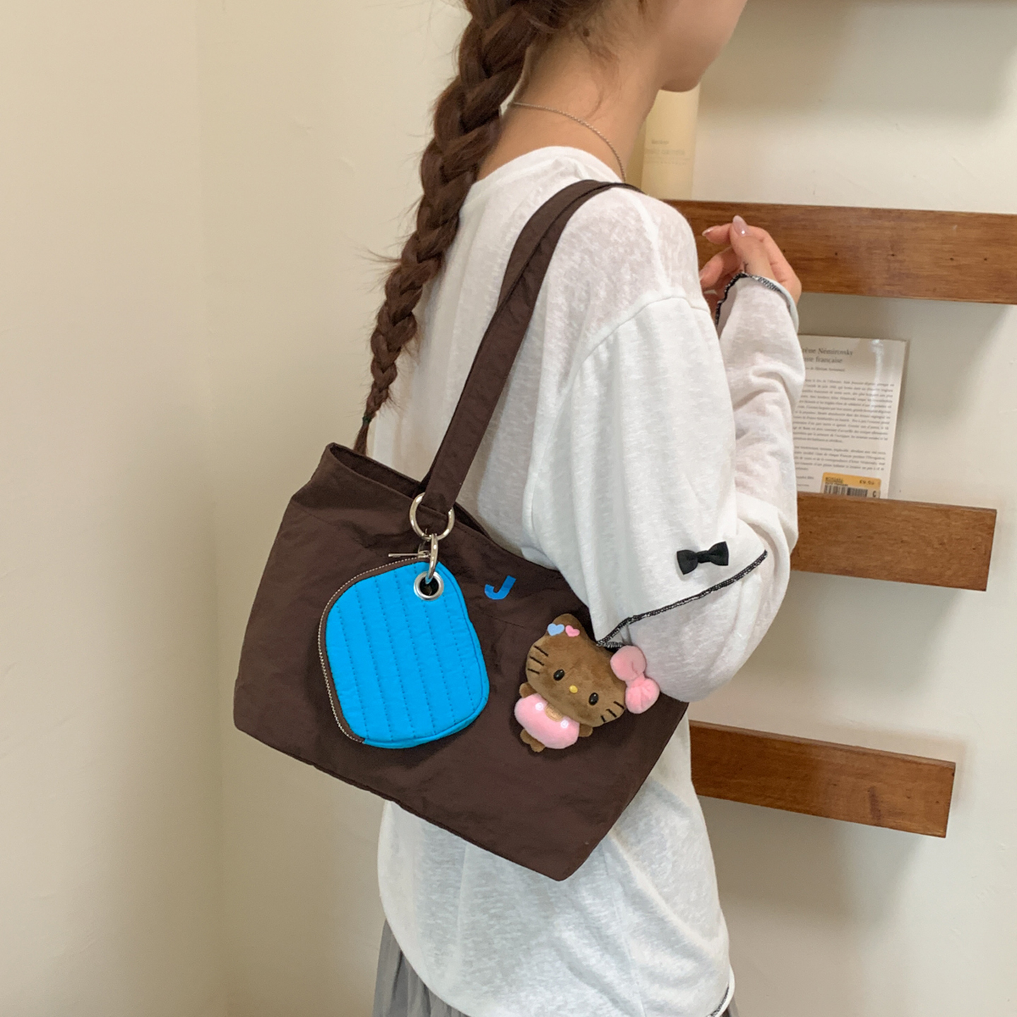 Women Cartoon Print Shoulder Bag, Casual Nylon Tote Handbag with Zip, Medium Size