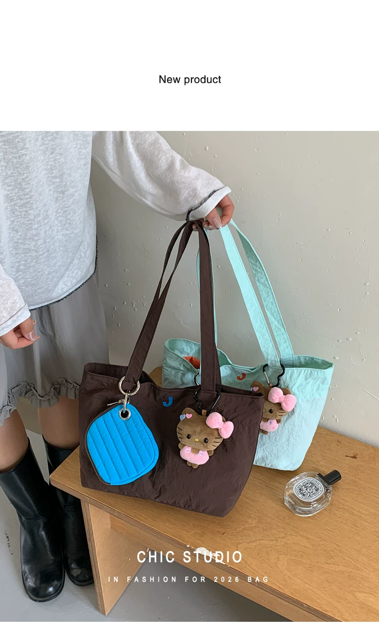 Women Cartoon Print Shoulder Bag, Casual Nylon Tote Handbag with Zip, Medium Size