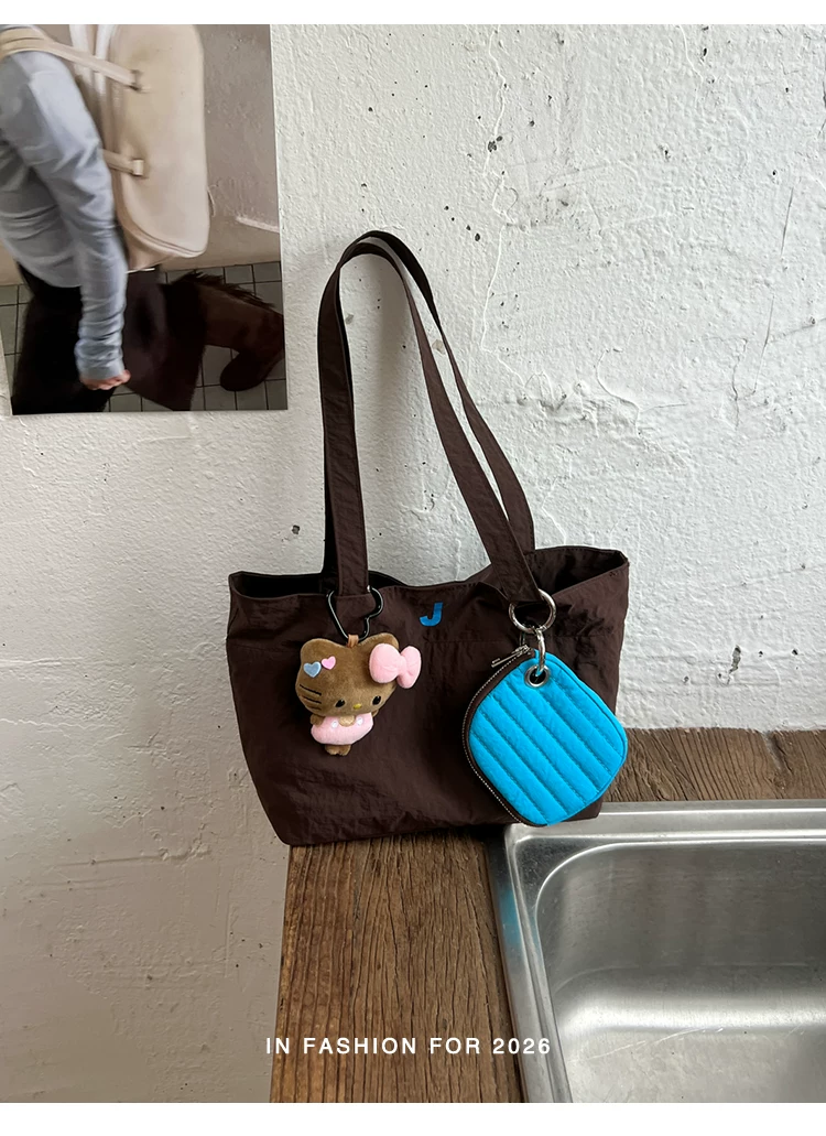 Women Cartoon Print Shoulder Bag, Casual Nylon Tote Handbag with Zip, Medium Size