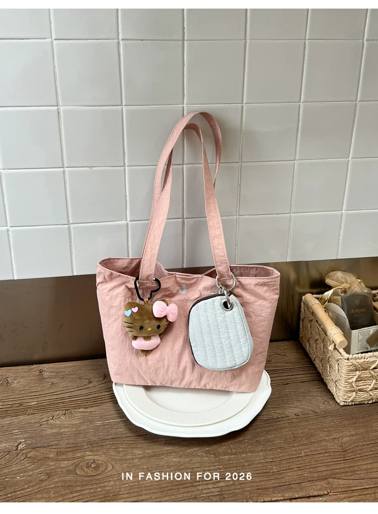 Women Cartoon Print Shoulder Bag, Casual Nylon Tote Handbag with Zip, Medium Size