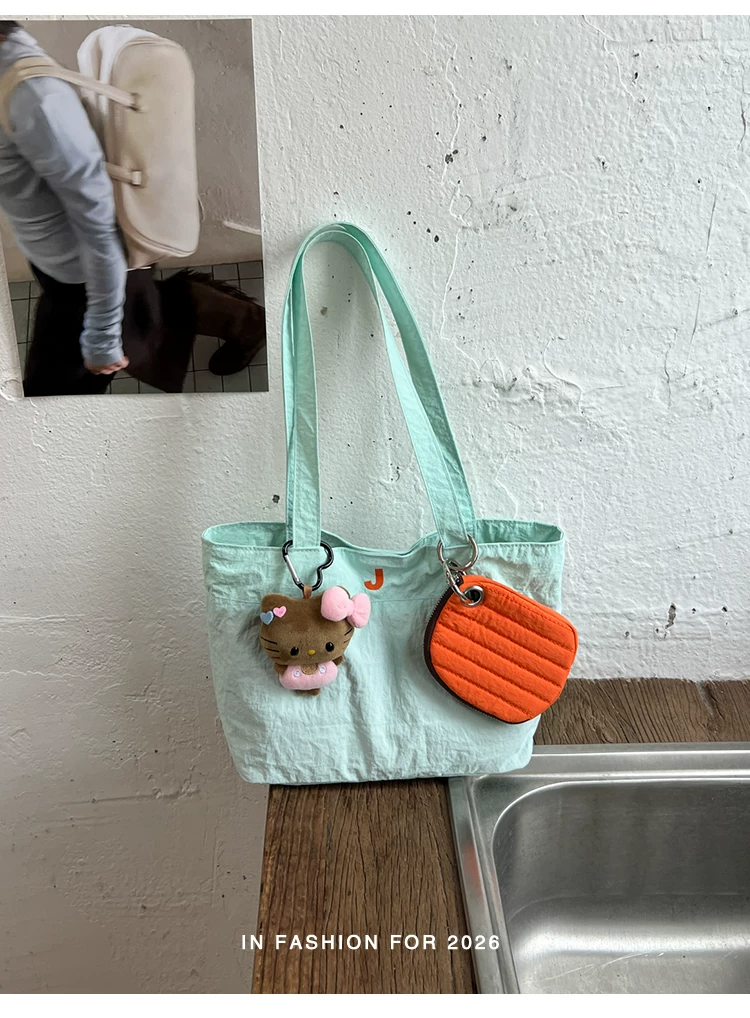 Women Cartoon Print Shoulder Bag, Casual Nylon Tote Handbag with Zip, Medium Size