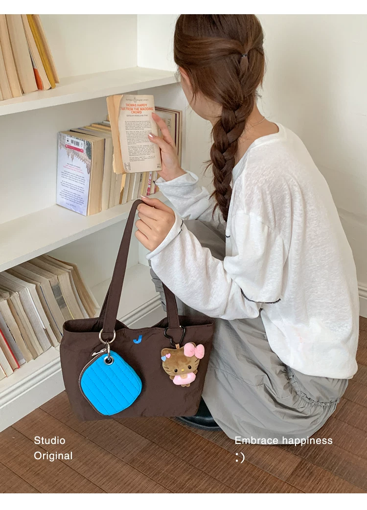 Women Cartoon Print Shoulder Bag, Casual Nylon Tote Handbag with Zip, Medium Size